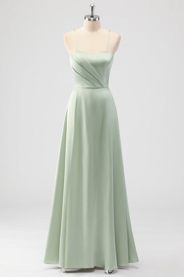 Robe longue de demoiselle d’honneur en satin trapèze à bretelles spaghetti vert sauge